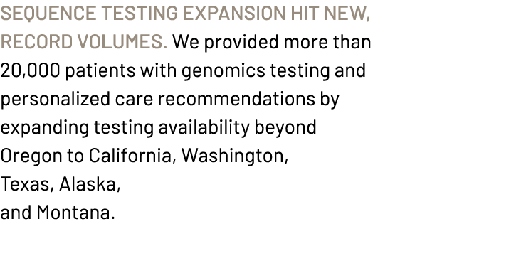 Sequence testing expansion hit new, record volumes. We provided more than 20,000 patients with genomics testing and p...